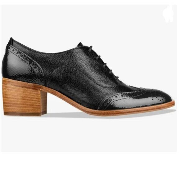 FOWT Black Perforated Lace-Up Oxfords Almond Toe Chunky Heel Brogues Shoes - Picture 1 of 8